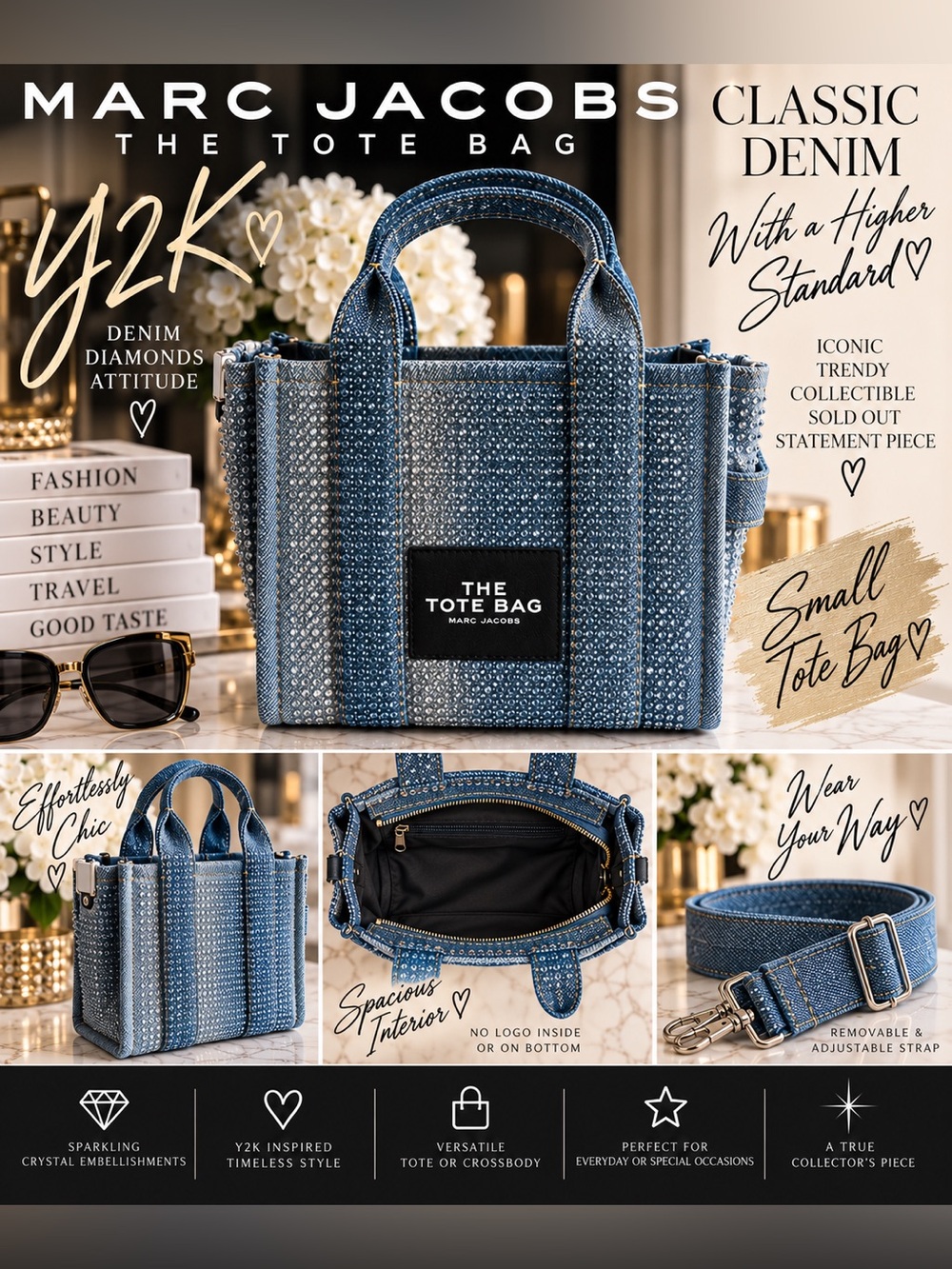 💎👖 MARC JACOBS Y2K CRYSTAL DENIM SMALL TOTE ✨ SOLD OUT • NWT - Picture 10 of 10